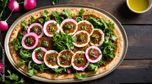 Wallpaper Mural A vibrant Middle Eastern flatbread topped with fresh radishes, herbs, and spices on a rustic wooden table background Torontodigital.ca
