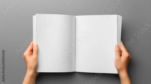 hands carefully holding an open blank book with pristine white pages against a solid neutral backdrop fostering a sense of creative possibility