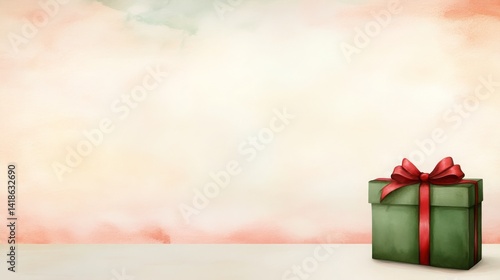 Festive Green Gift Box with Red Ribbon on Watercolor Background Perfect for Holiday Designs