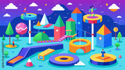 Let your imagination run wild in a whimsical virtual calisthenics park filled with colorful interactive exercises and obstacles.. Vector illustration