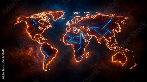 Fototapeta Naklejka Na Ścianę i Meble -  The image shows a stylized world map with an orange outline and blue lines connecting various points across the continents, set against a dark, smoky background.A glowing orange world map with connec