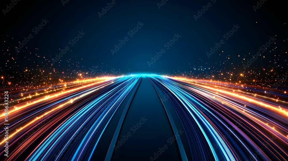 Obraz premium The image contains an abstract representation of speed and movement, showing glowing streaks of light in blue and orange converging towards a central vanishing point on a dark background, with scatte