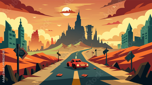 A postapocalyptic virtual race challenging you to navigate through ruined cities and treacherous landscapes while facing virtual dangers at every. Vector illustration