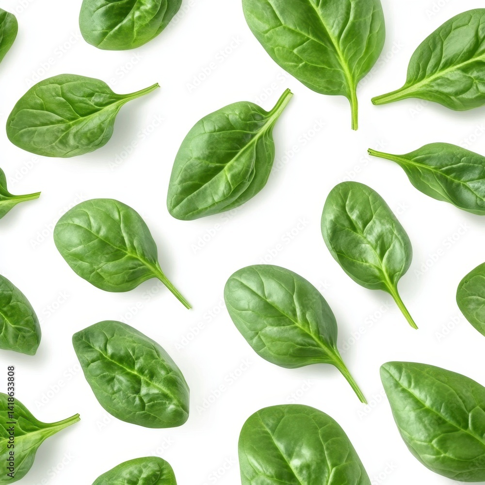 Obraz premium Fresh Green Spinach Leaves on White Background for Healthy Cooking