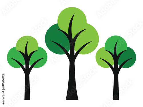 Stylized Trees: Three vibrant green trees stand tall, their simple forms offering a cheerful nod to nature's beauty, perfect for illustrating environmental concepts.