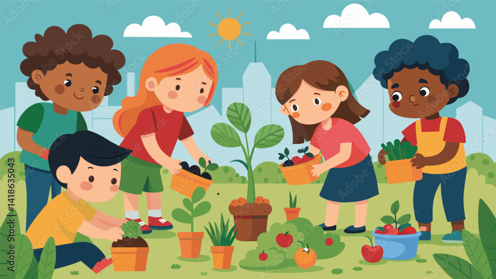 A group of children excitedly tending to their own section of the community garden learning about the importance of nature in the city.. Vector illustration