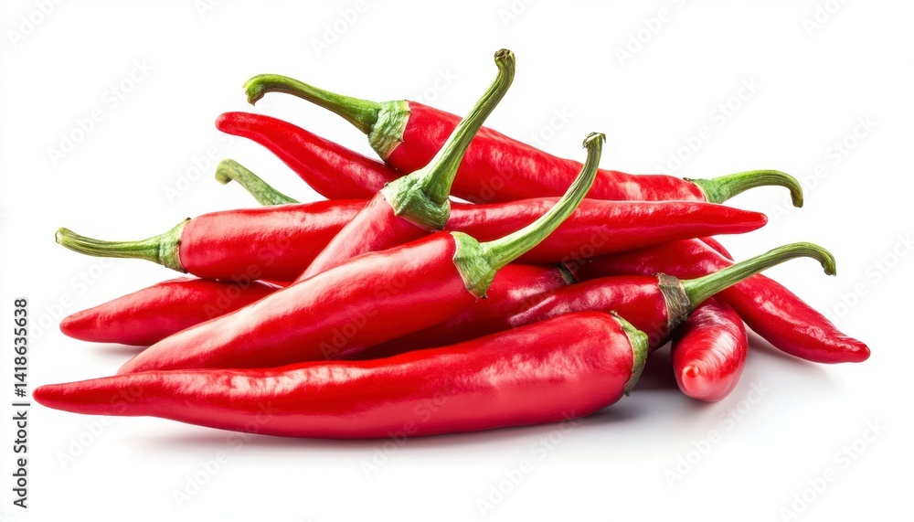 Fresh Red Chili Peppers Stacked on White Background for Culinary Use Fresh Red Chili Peppers Stacked on White Background for Culinary Use