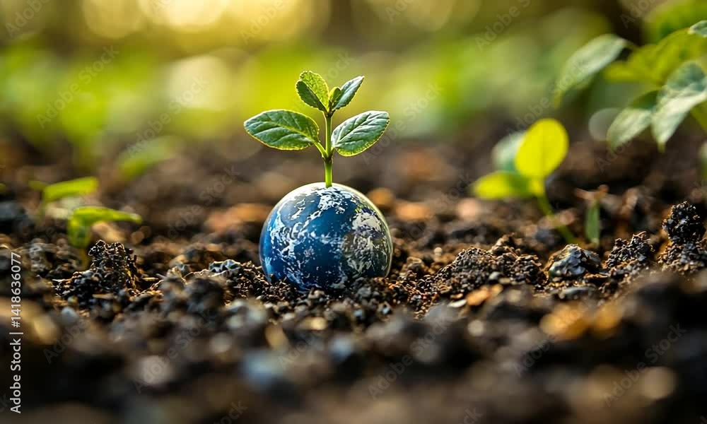 A small green plant emerging from a globe in rich soil, symbolizing environmental growth and hope A small green plant emerging from a globe in rich soil, symbolizing environmental growth and hope