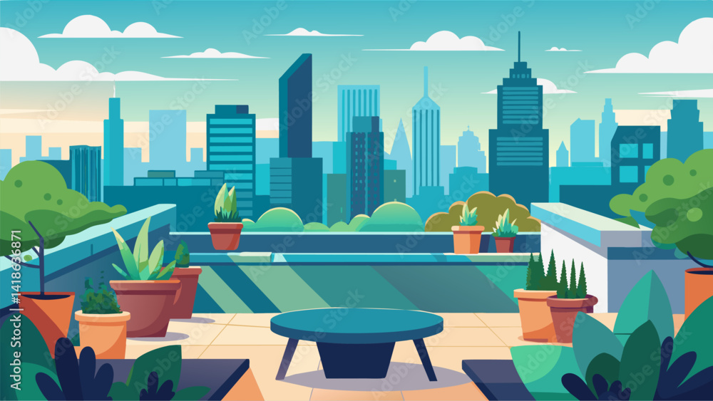 A rooftop garden oasis complete with a panoramic view of the city skyline creating a peaceful and serene atmosphere high above the hustle and bustle.. Vector illustration