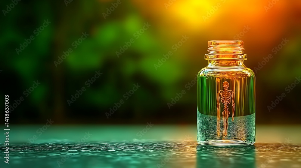 Glass jar containing a glowing skeleton figurine with a vibrant sunset background Glass jar containing a glowing skeleton figurine with a vibrant sunset background