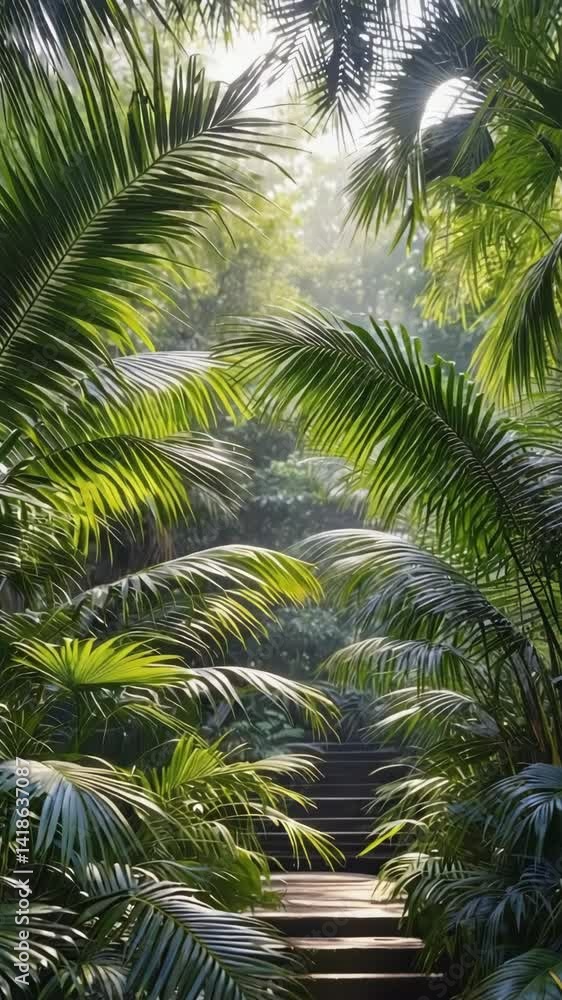 Pathway steps through dense tropical palm trees with bright sunlight shining through foliage Pathway steps through dense tropical palm trees with bright sunlight shining through foliage