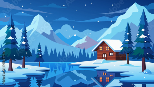 A winter wonderland featuring glistening snowcovered trees a frozen lake and a cozy cabin perfect for escaping to during the colder months.. Vector illustration