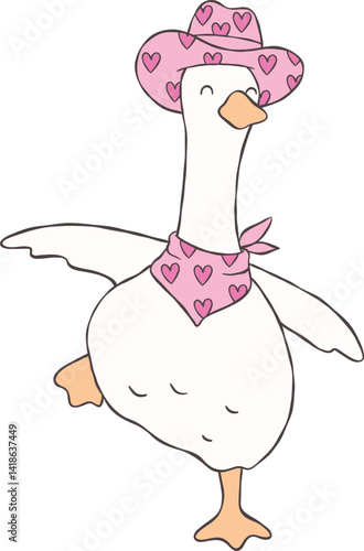 Dancing Cute Cowgirl Goose Cartoon Playful Western Goose Hand Drawn