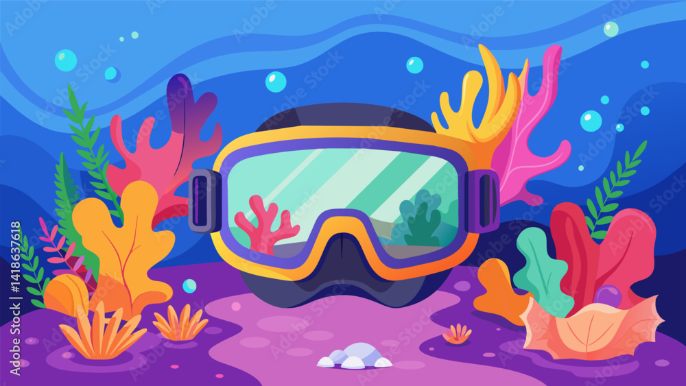 Dive into the vibrant underwater world of a coral reef on a guided VR snorkeling tour without getting wet.. Vector illustration