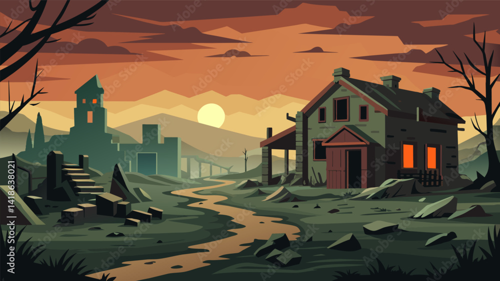A series of photographs of abandoned buildings and urban decay capturing the haunting and eerie sounds of a desolate landscape.. Vector illustration