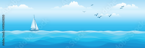 Seascape with sailing yacht, picturesque sky, summer vacation, vector cartoon, panoramic view