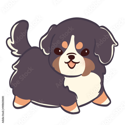 Chubby Bernese Mountain Dog cartoon with cheerful face and soft colors.