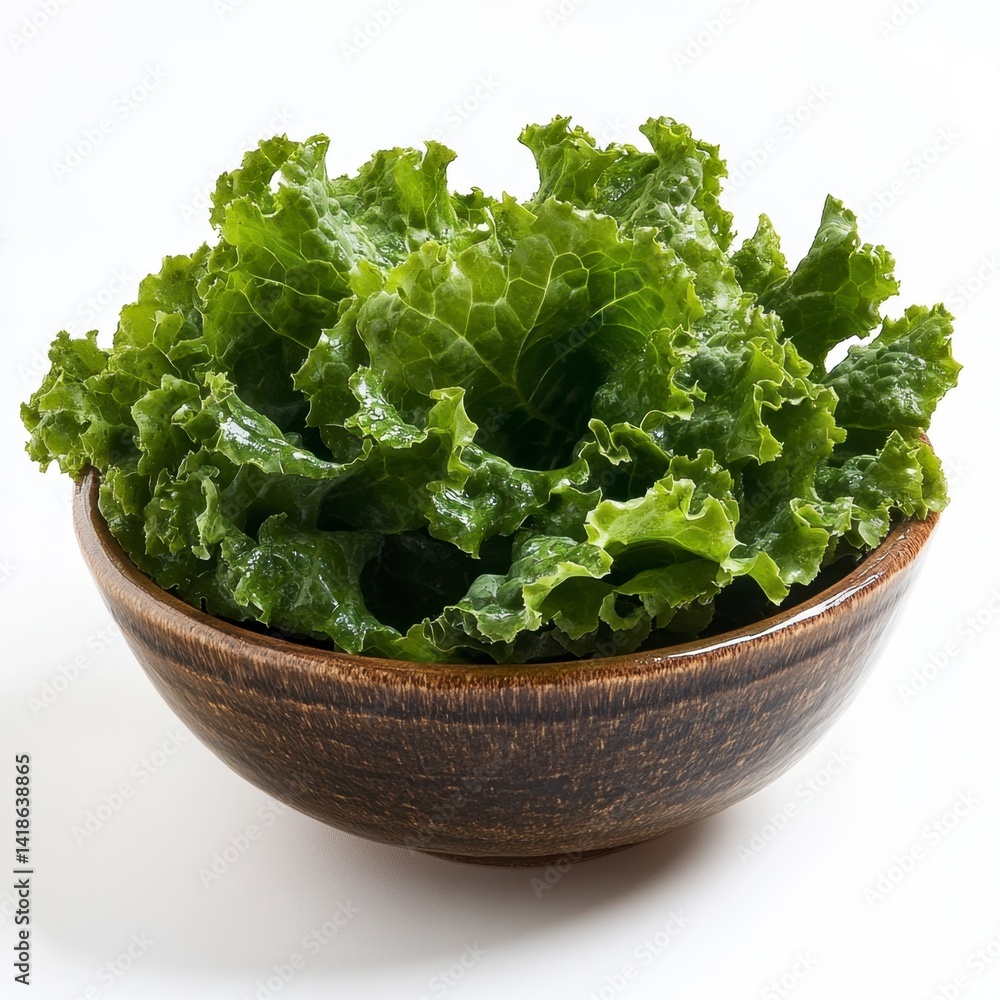 Fresh Green Lettuce in Rustic Wooden Bowl on White Background Fresh Green Lettuce in Rustic Wooden Bowl on White Background