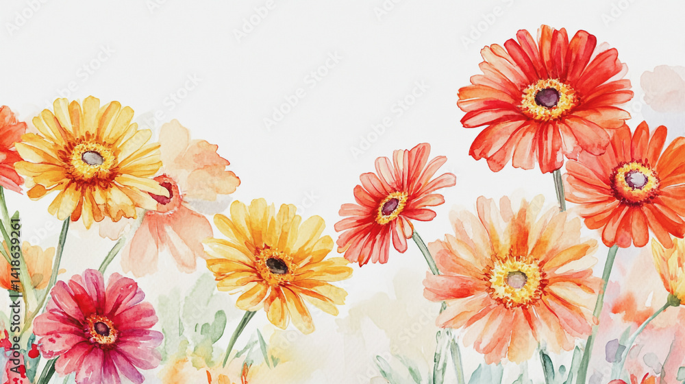 Elegant wedding invitation card background . Minimal hand painted watercolor Gerbera flowers texture template background. Design for wedding, vip cover, poster, rsvp moderncard.Valentine's Day Elegant wedding invitation card background . Minimal hand painted watercolor Gerbera flowers texture template background. Design for wedding, vip cover, poster, rsvp moderncard.Valentine's Day