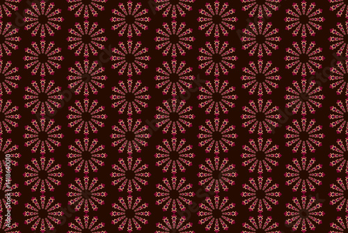 A repeating symmetrical tribal geometric floral pattern consisting of hand-drawn diamonds and dots in red and pink tones on a dark brown background.