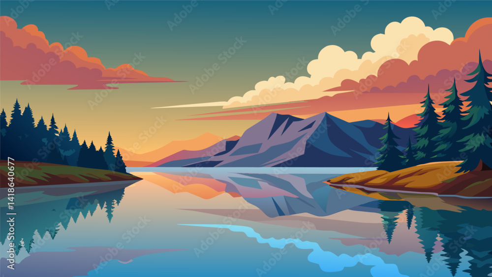 A quiet lake reflecting the changing colors of the sky while capturing the scene in a detailed sketch.. Vector illustration