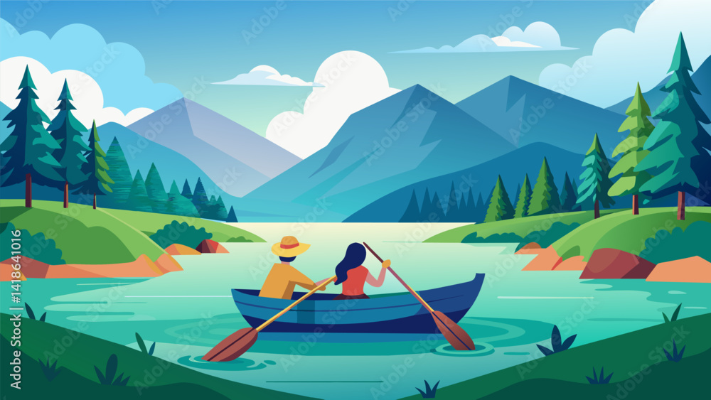 As they row the oars dip and splash in the calm serene waters of the virtual lake surrounded by lush forests and rolling hills.. Vector illustration