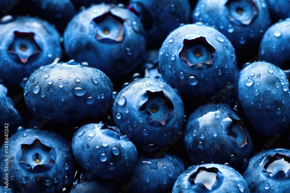 Macro photo of juicy blueberries with drops of water and tiny green leaves. Perfect for health food topics. Macro photo of juicy blueberries with drops of water and tiny green leaves. Perfect for health food topics.