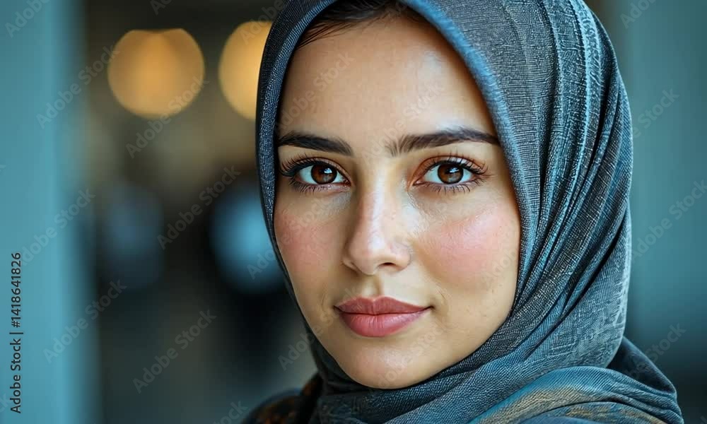 Portrait of a woman in a hijab smiling softly, with a blurred background of a busy indoor setting Portrait of a woman in a hijab smiling softly, with a blurred background of a busy indoor setting