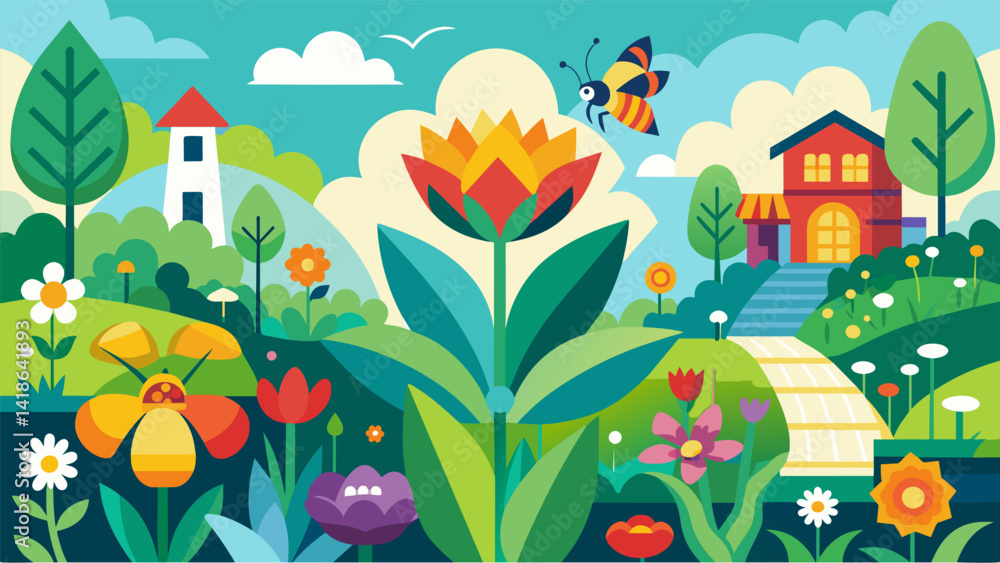 A beautiful mosaic of flowers blooming in the garden attracting pollinators and adding a touch of natural beauty to the neighborhood.. Vector illustration