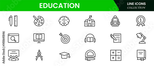 Outline icons of education, studying, and science. Includes the human brain, fields of study, graduation, school, university, and knowledge. Designed for web, mobile, and promo materials. Vector illus