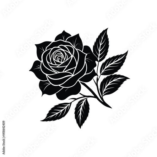 rose with leaves silhouette vector illustration on white background