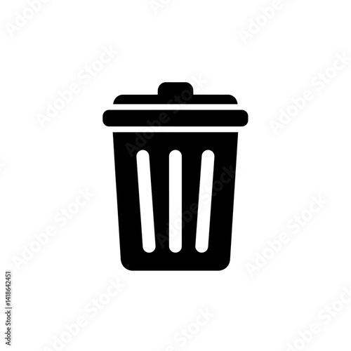 Trash bin icon in solid black silhouette with flat lid and rectangular shape in clean vector style