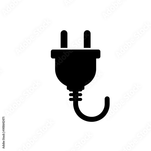 Black silhouette icon of a simple electric plug with two prongs and wire detail in flat vector design