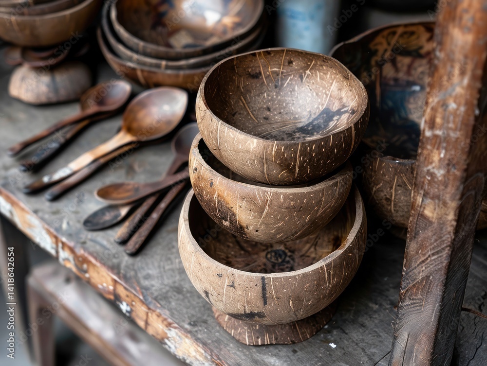 Coconut Shell Bowls & Wooden Spoons Coconut Shell Bowls & Wooden Spoons