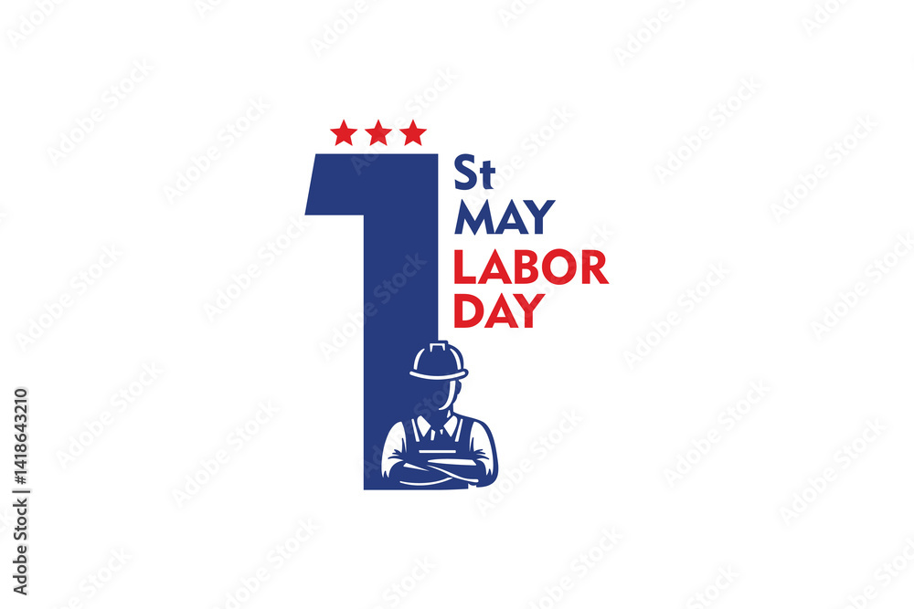 Labor Day vector with large number 1, red stars, and construction worker silhouette. Ideal for May 1st celebration banners and posters. Labor Day vector with large number 1, red stars, and construction worker silhouette. Ideal for May 1st celebration banners and posters.