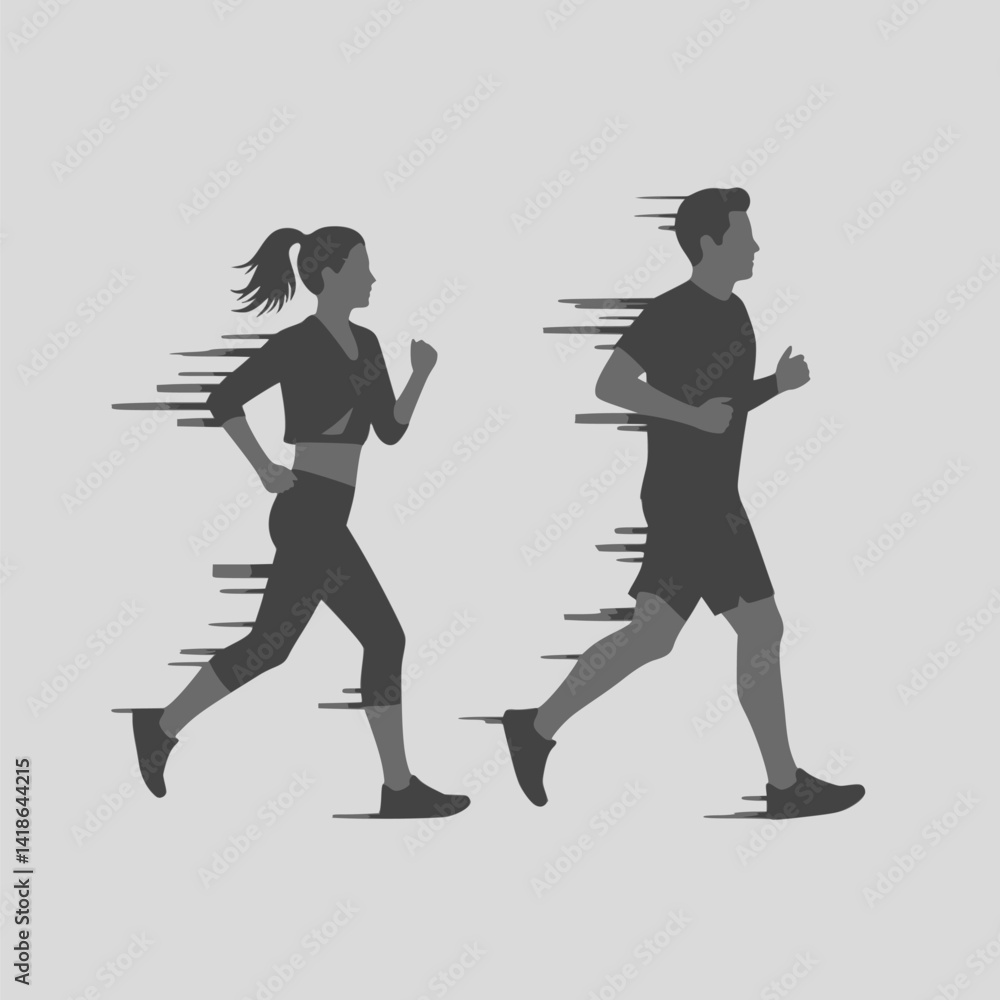 Naklejka premium Running man and woman, isolated vector silhouettes. Run, side view. Silhouettes of athletic looking male and female runners running. EPS 10 version.