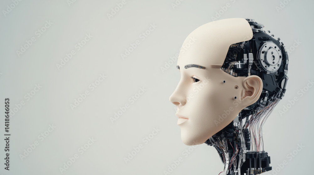 A robot head with a white face and black parts