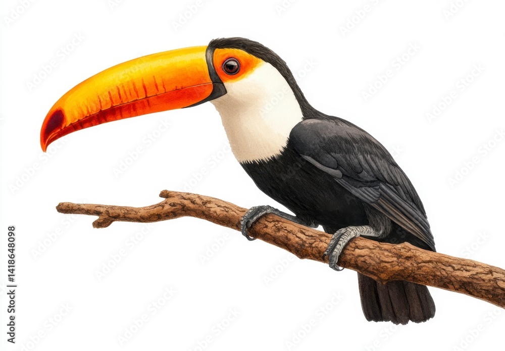 Fototapeta premium Vibrant Toucan Perched on Branch with Bright Orange Bill