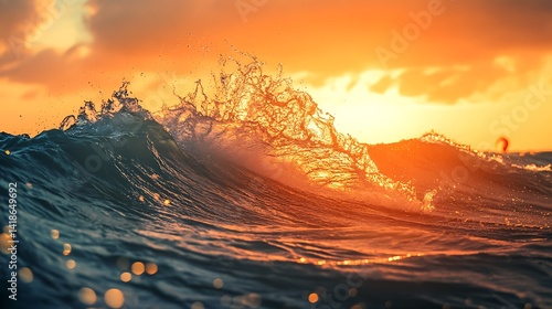 Kitesurfer silhouette riding dramatic ocean wave at sunset

