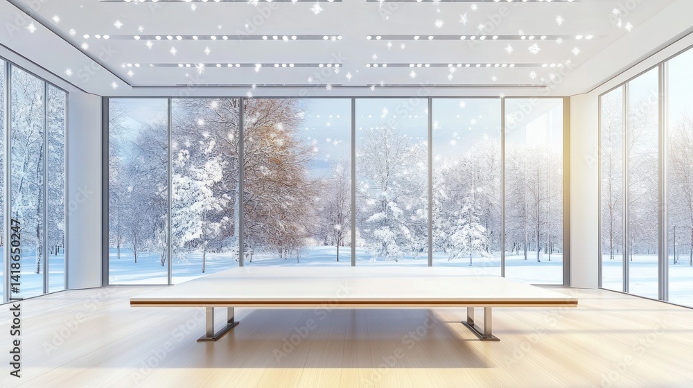 Fototapeta premium modern interior with panoramic view of snowy landscape and snowflakes creating a festive winter holiday atmosphere in a well lit space