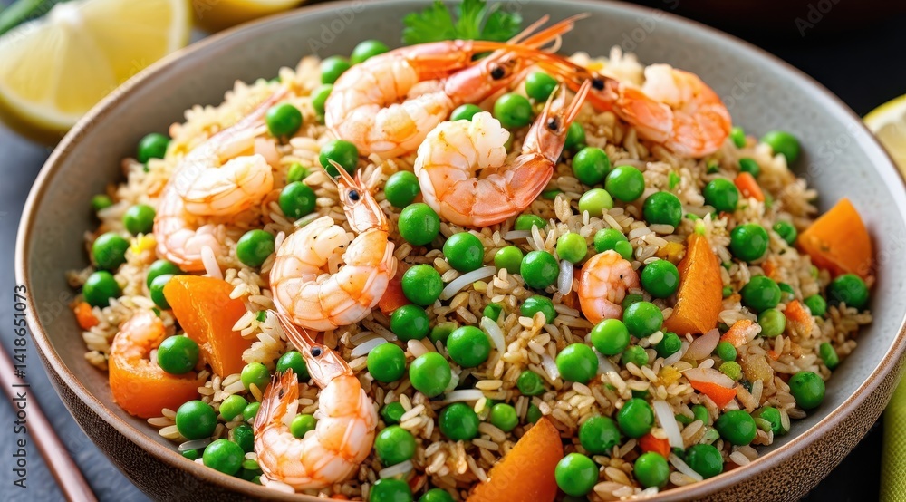 A plate of delicious shrimp fried rice garnished with vibrant green peas and carrots, showcasing a colorful and appetizing Asian dish A plate of delicious shrimp fried rice garnished with vibrant green peas and carrots, showcasing a colorful and appetizing Asian dish