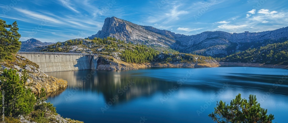 Obraz premium Majestic Mountain Dam with Clear Blue Waters Under Stunning Skies Surrounded by Nature's Serenity and Scenic Views