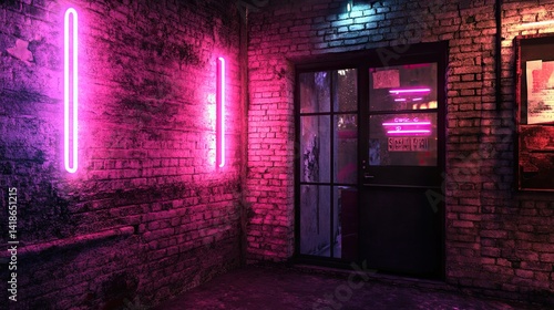 Urban nightlife illuminated by vibrant neon lights on a textured brick wall