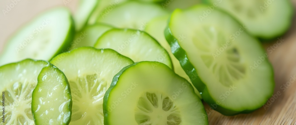 Fresh cucumber slices, crisp and juicy, offer a natural, cooling solution for sunburned skin. Their transparent green hue enhances the refreshing appeal.