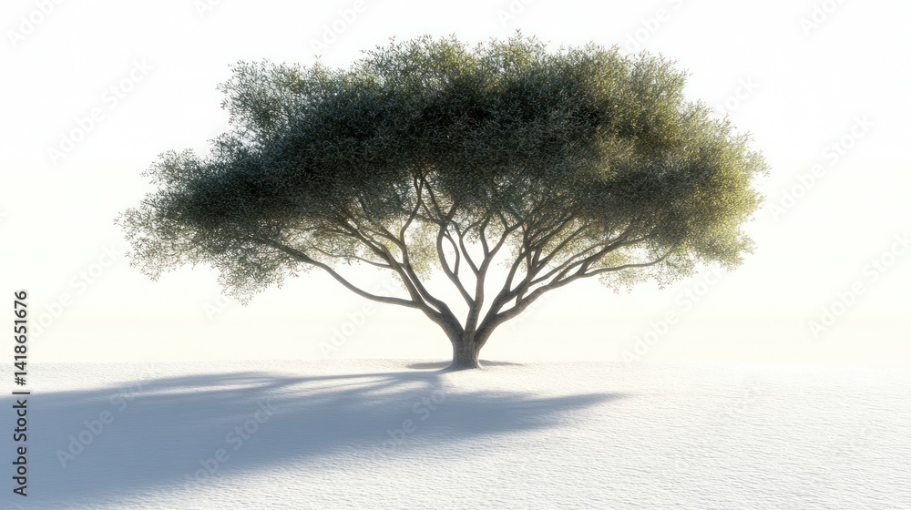 Fototapeta premium majestic arboreal form solitary tree casts subtle shadow across a crisp ethereal white expanse creating minimalist yet profound natural composition