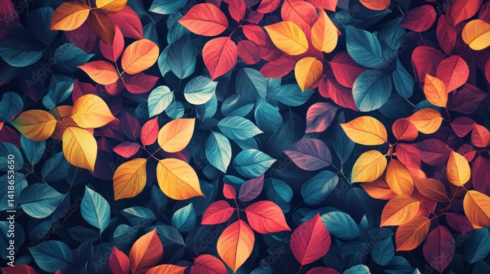 A Vibrant Tapestry: Artistic rendering of Colorful Autumnal Leaves Overhead A Vibrant Tapestry: Artistic rendering of Colorful Autumnal Leaves Overhead