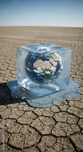 Obraz na płótnie ice cube containing planet Earth melts on dry, cracked ground, it serves as a powerful visual of climate change and the dire consequences of global warming. w salonie