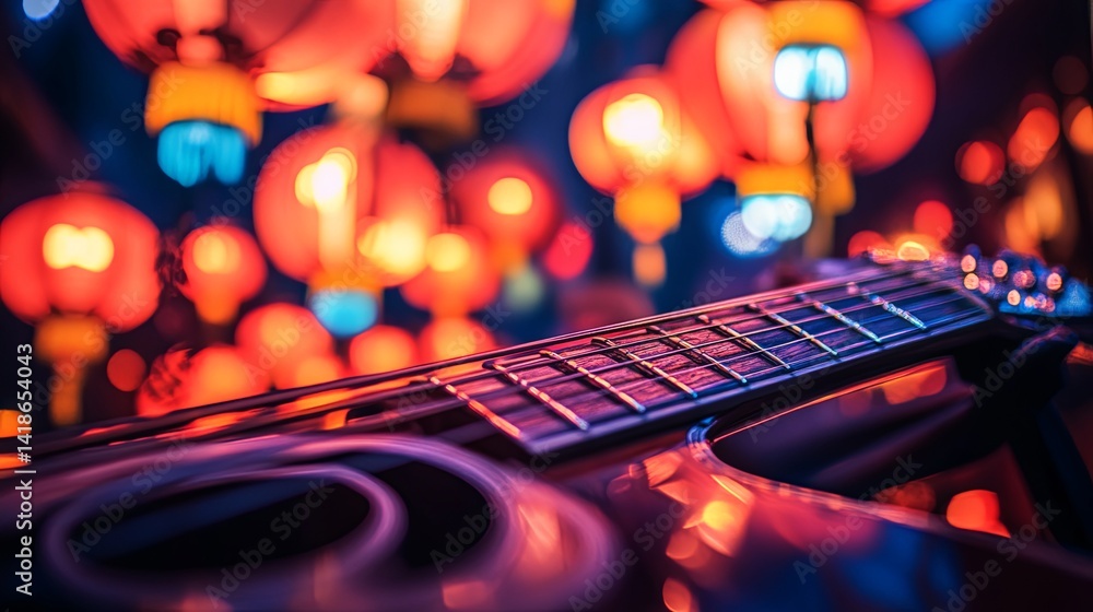 Fototapeta premium Acoustic guitar in focus with soft lantern glow, evoking warmth and artistic harmony