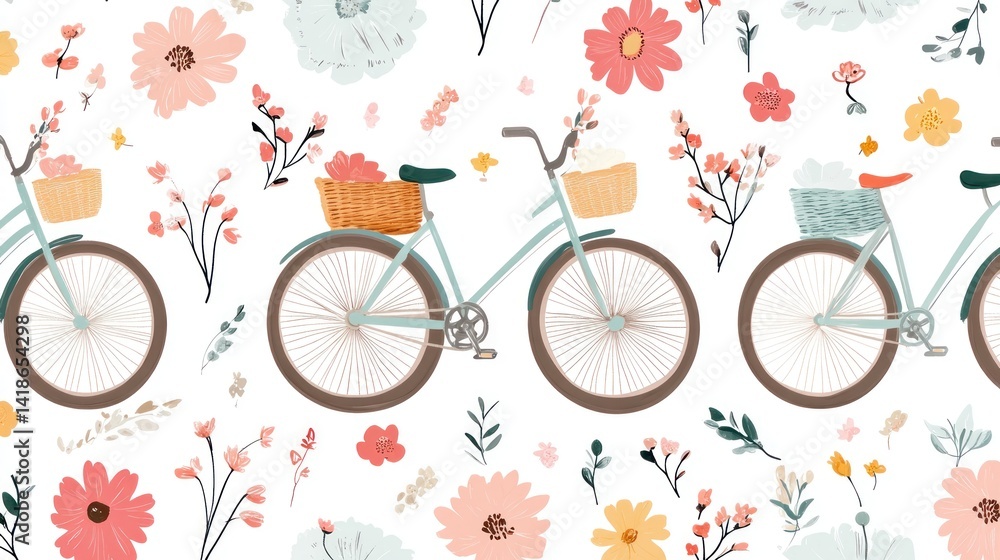 Fototapeta premium Floral patterned background featuring bicycles with baskets.