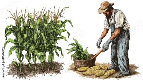 This meticulously detailed illustration showcases two distinct elements: a vibrant stand of mature corn plants on the left, depicted with lifelike precision, exhibiting rich green hues and detailed